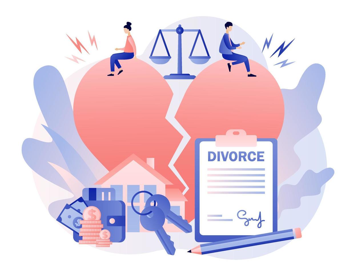 divorcio concepto. grande roto corazón. justicia escamas. minúsculo personas relación ruptura. marido y esposa firmar acuerdo divorcio documentos y propiedad división moderno plano dibujos animados estilo. vector ilustración