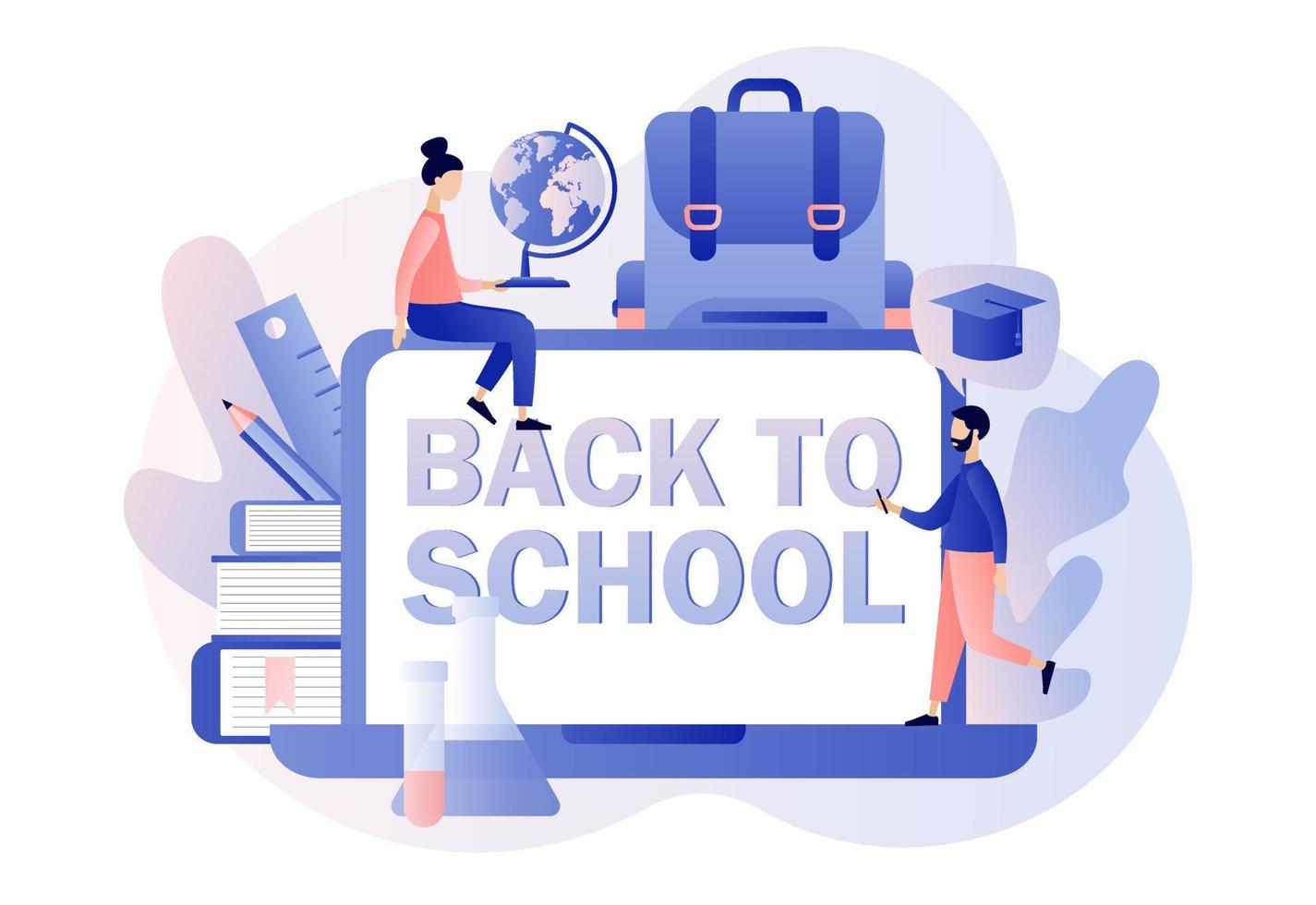 Back to School. Tiny people with laptop, backpack, educational tools, calculator, school stationery, globe and books. Online education concept. Modern flat cartoon style. Vector illustration