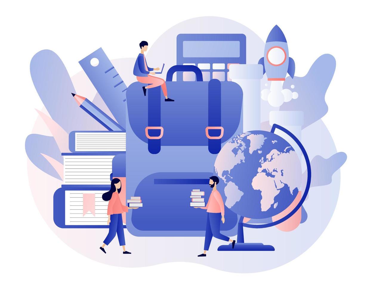 Back to School. Tiny people with huge backpack, educational tools, calculator, school stationery, globe and books. Education concept. Modern flat cartoon style. Vector illustration on white background