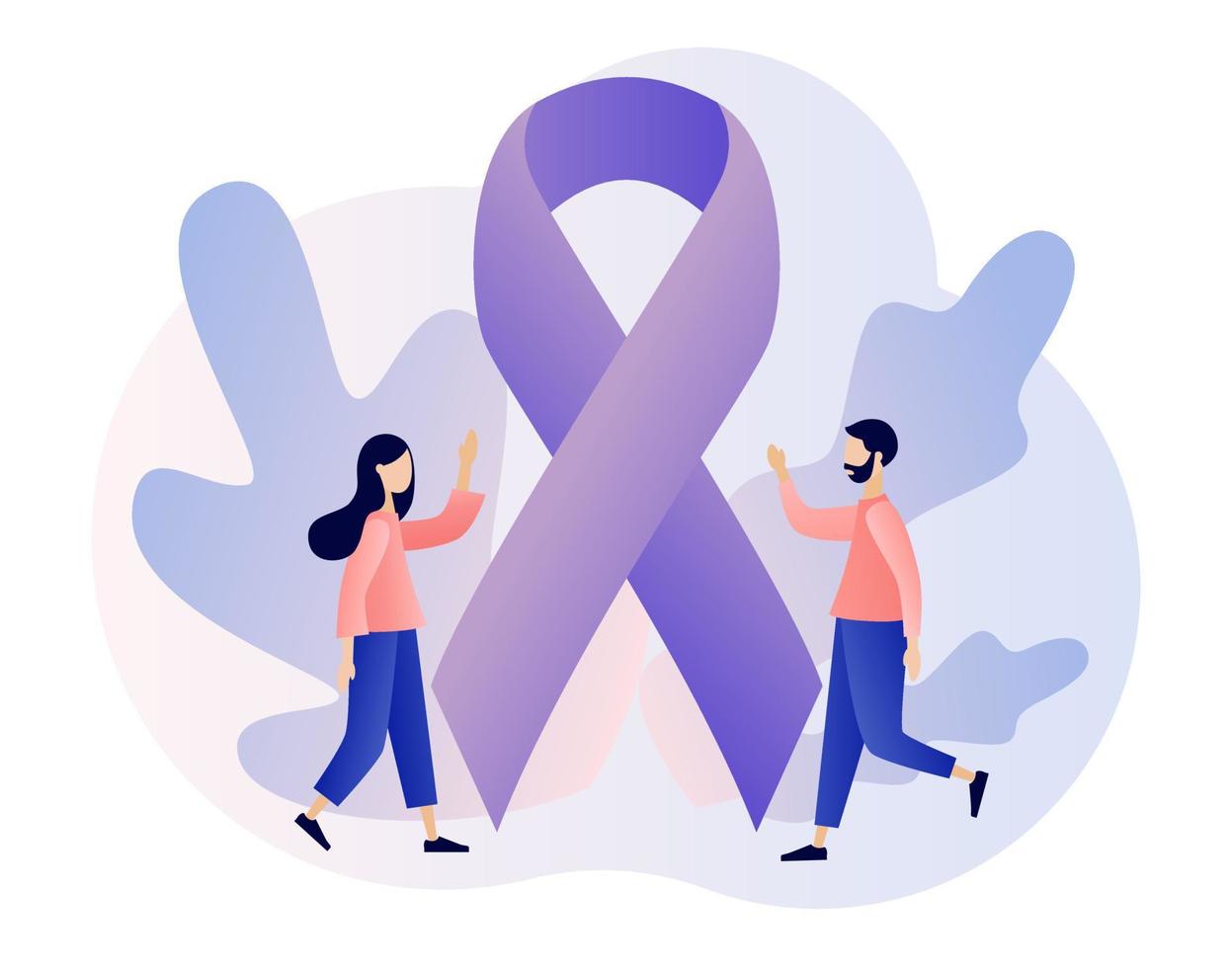 Purple ribbon as symbol domestic violence. Tiny people and stop violence sign. International day for the elimination of violence against women. Modern flat cartoon style. Vector illustration