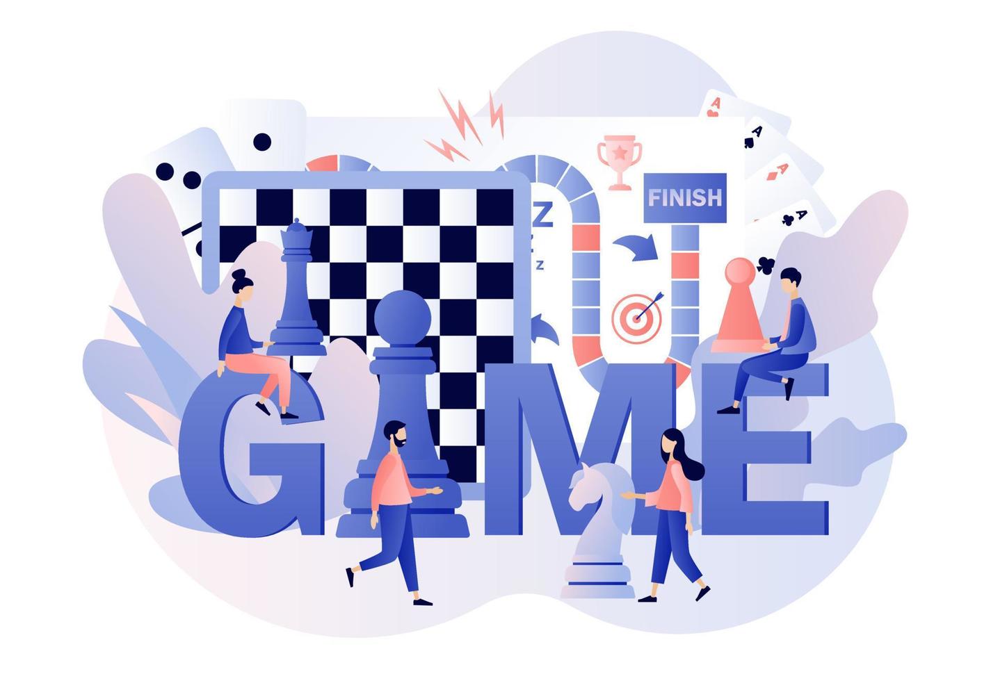 Board games. Leisure time activity, whole family or friends activity. Tiny people playing and winning chess, domino, game cards and dice. Modern flat cartoon style. Vector illustration