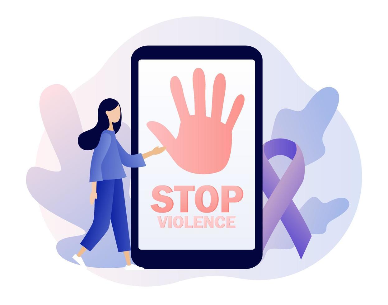 Stop violence text on screen smartphone. Purple ribbon as symbol domestic violence. International day for the elimination of violence against women. Modern flat cartoon style. Vector illustration