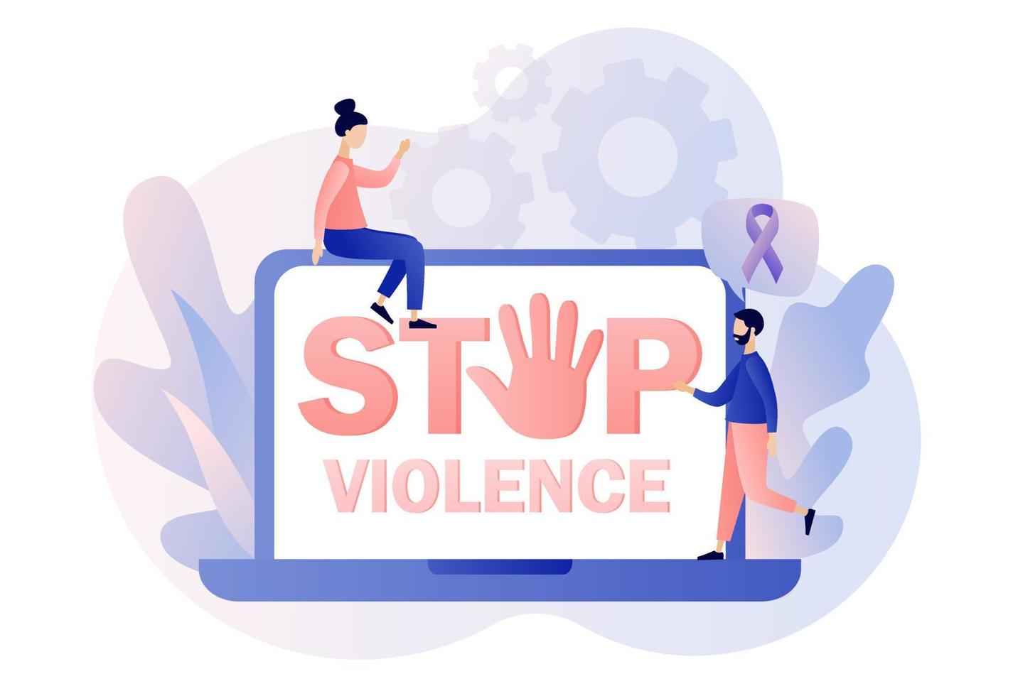 Stop violence text on screen smartphone. Purple ribbon as symbol domestic violence. International day for the elimination of violence against women. Modern flat cartoon style. Vector illustration