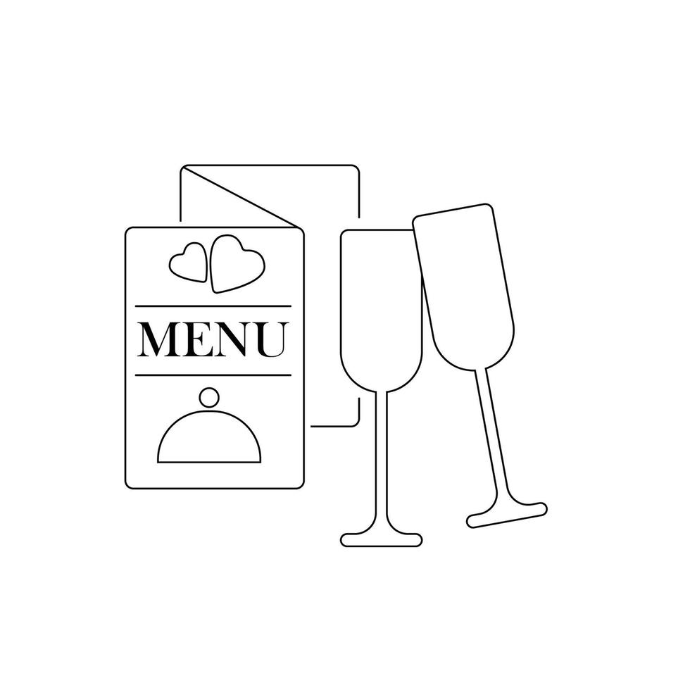 Restaurant menu line icon. valentine heart, wine, two glasses. Line style. Romantic dinner concept. valentines day. vector