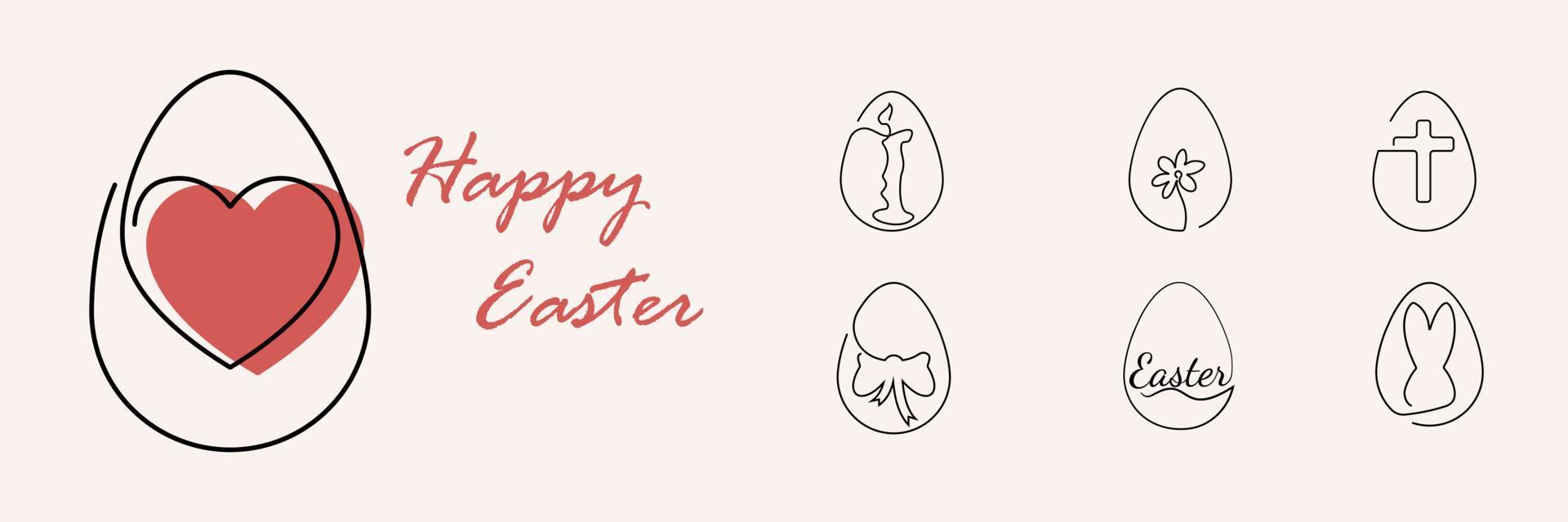 Set of one line or single line Easter eggs. Red heart happy easter. vector