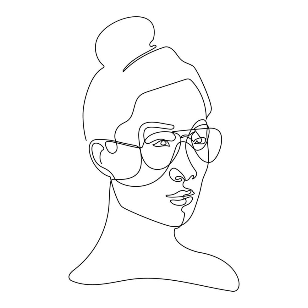 elegante mano dibujado uno continuo línea mujer en Gafas de sol. de moda tipografía niña en minimalista estilo. belleza signo. atractivo Moda modelo. verano moda. vector