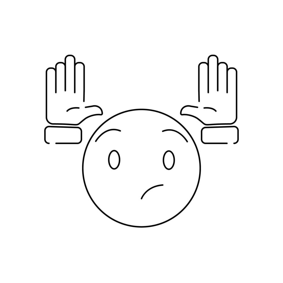 Isolated vector illustration. Two open human hands icon. Linear sketch. Black on white background. confused or scared emoji. Surrender.