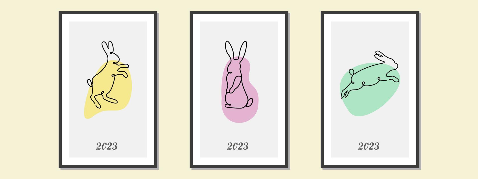 Set of different black rabbits silhouettes, isolated on a colorful background for design use. Silhouettes of New Years bunnies in simple one line style. 2023 year of the rabbit. Christmas vector. vector