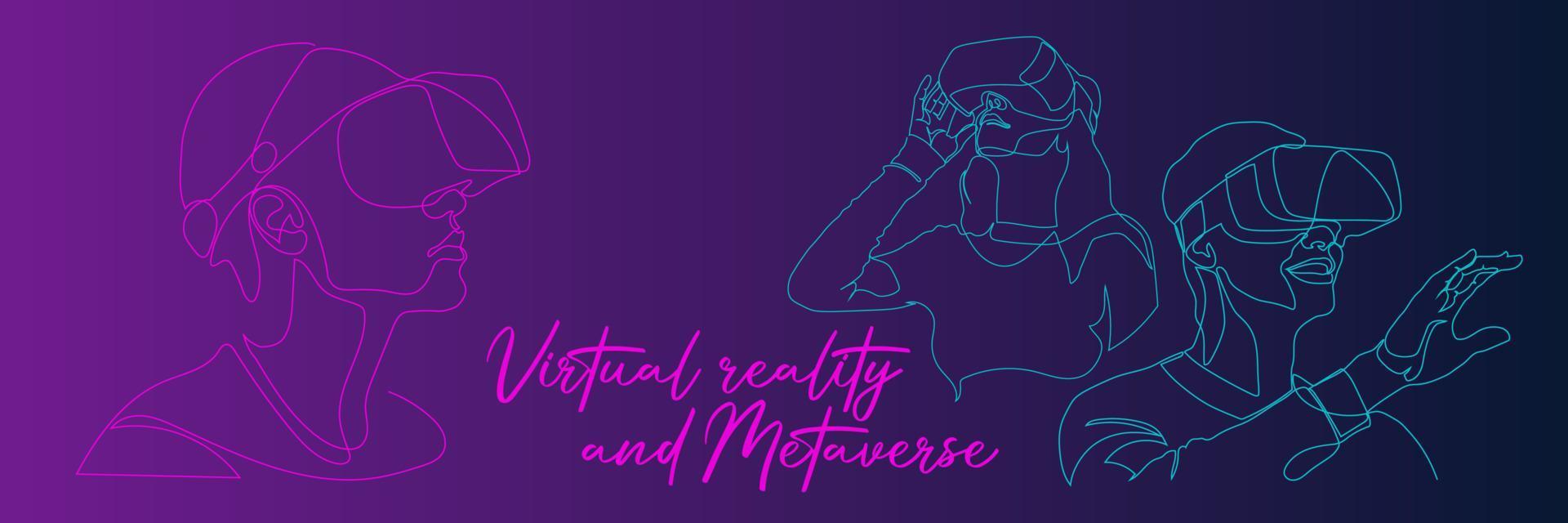 continuo uno línea dibujo hombre o mujer en lentes dispositivo virtual realidad o vr. metaverso con cyberpunk tema. vector