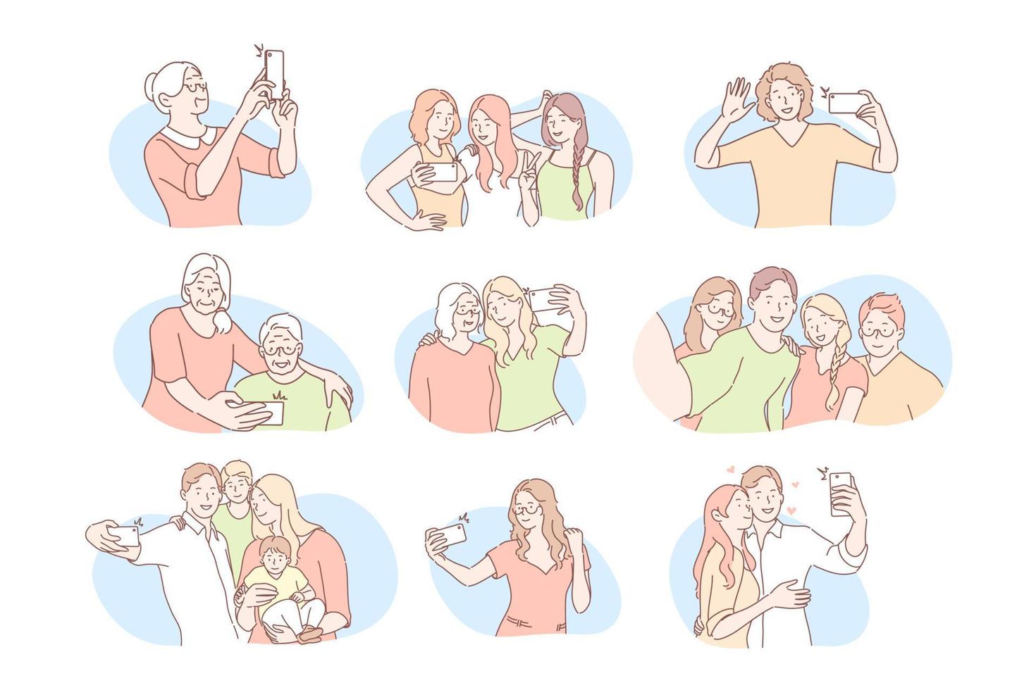 social medios de comunicación comunicación, selfie conjunto concepto vector