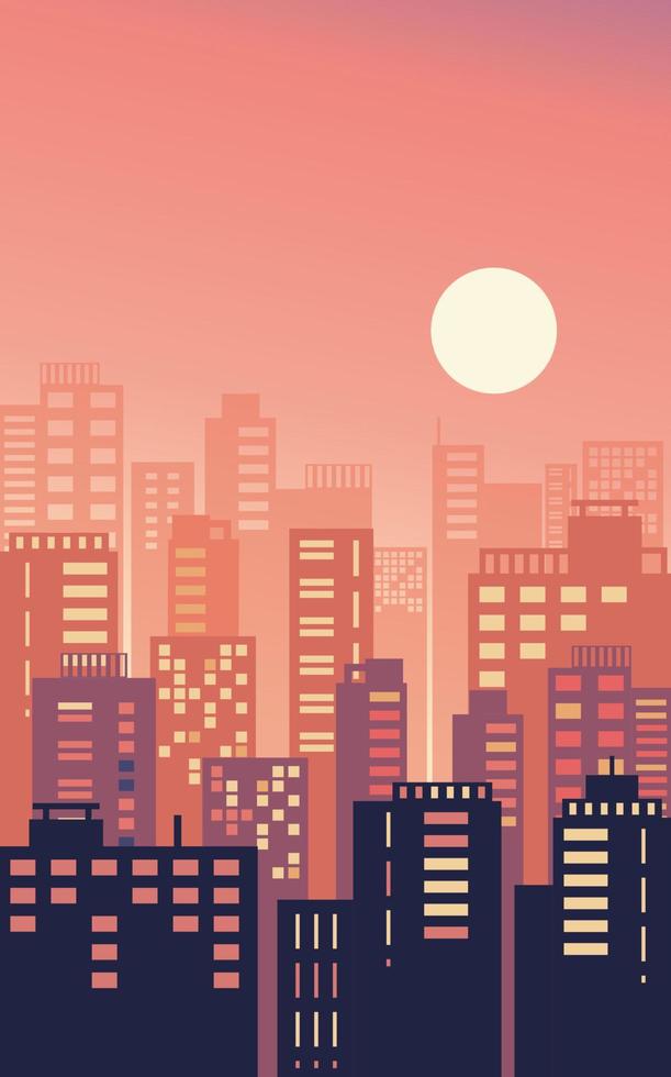 Morning, day city skyline landscape, town buildings in different time and urban cityscape town sky. Daytime cityscape. Architecture silhouette downtown vector background. Flat design.