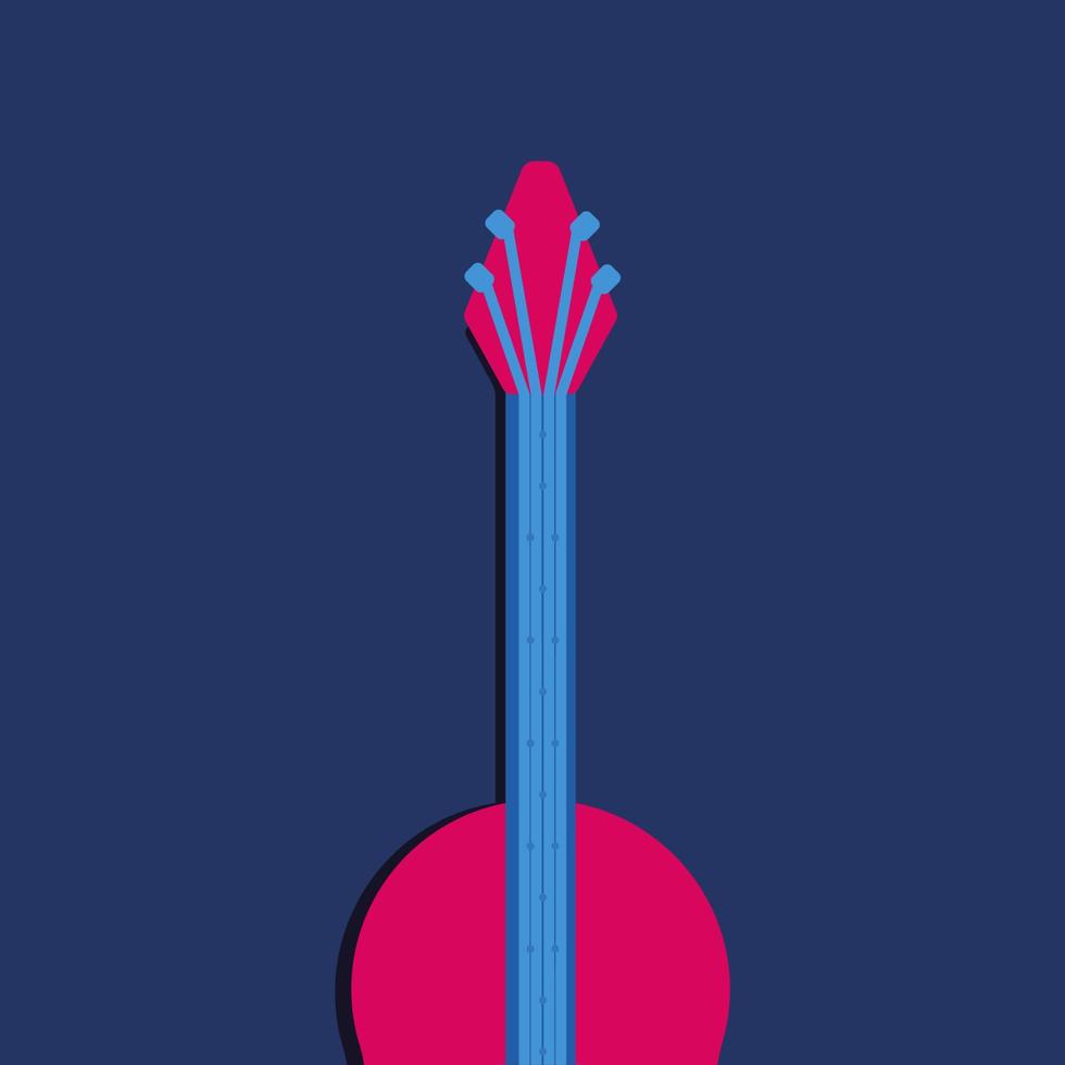 Classical and acoustic red guitar. Vector illustration blue background night.