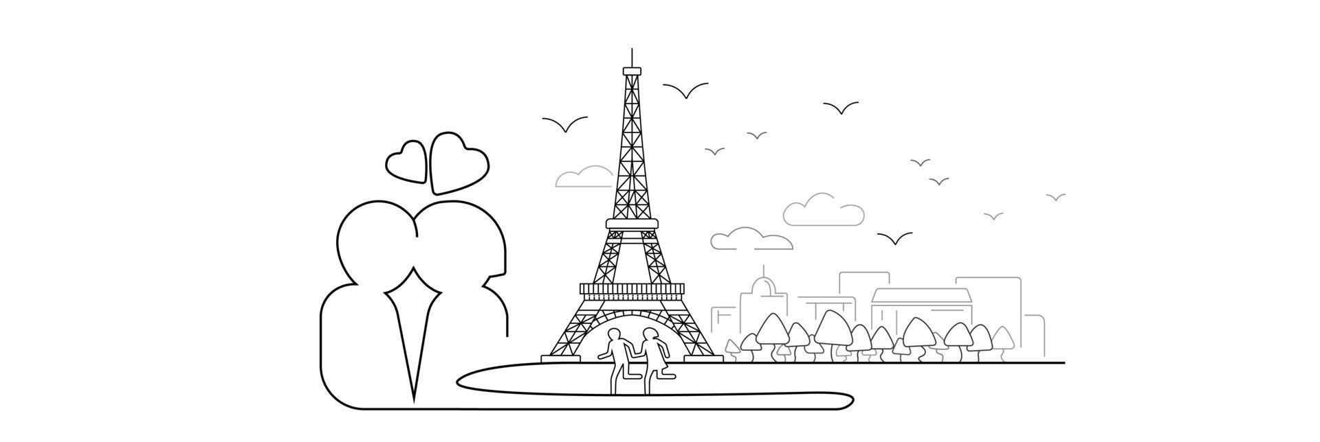 Eiffel line illustration, valentine and holiday, france sign, vector graphics, a linear on a white background, Paris and love couple heart eps 10.