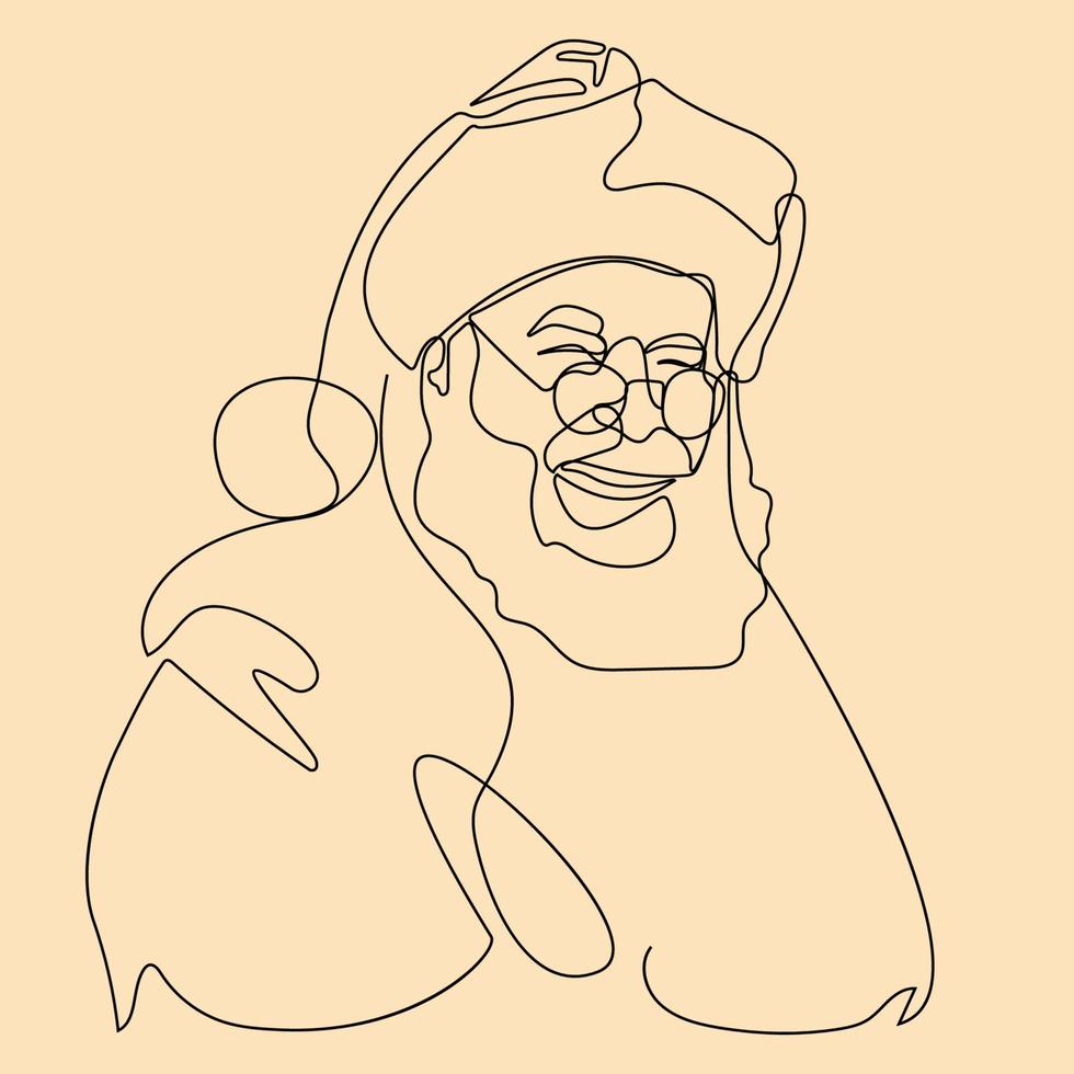 Santa Claus face. Continuous line portrait of Santa. One line Black white christmas sketch the head of Santa Claus. Happy new year. vector