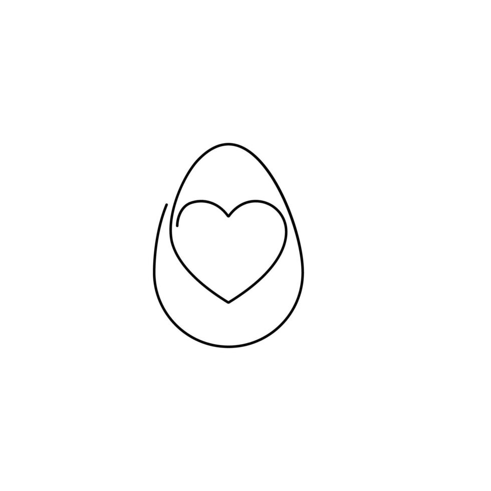 Easter egg decorated with hearts one line. Traditional food and symbol for the Orthodox and Catholic holidays. Happy easter. Black and white doodle vector illustration isolated. Icon or card.
