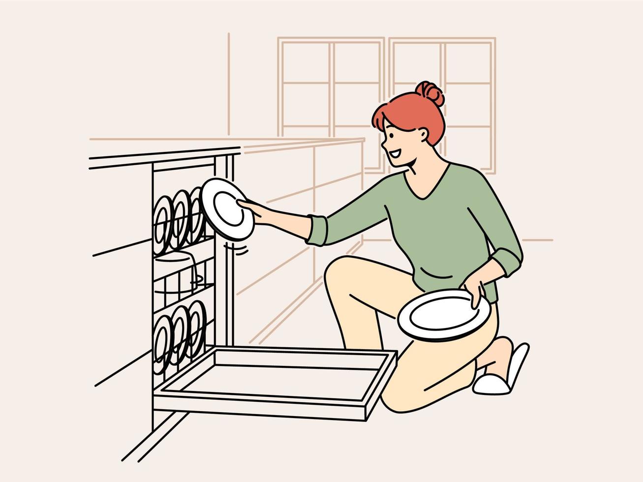 Smiling woman unloading dishwashing machine. Happy housewife put dirty plates into dishwasher at home kitchen. Household and chores concept. Vector illustration.