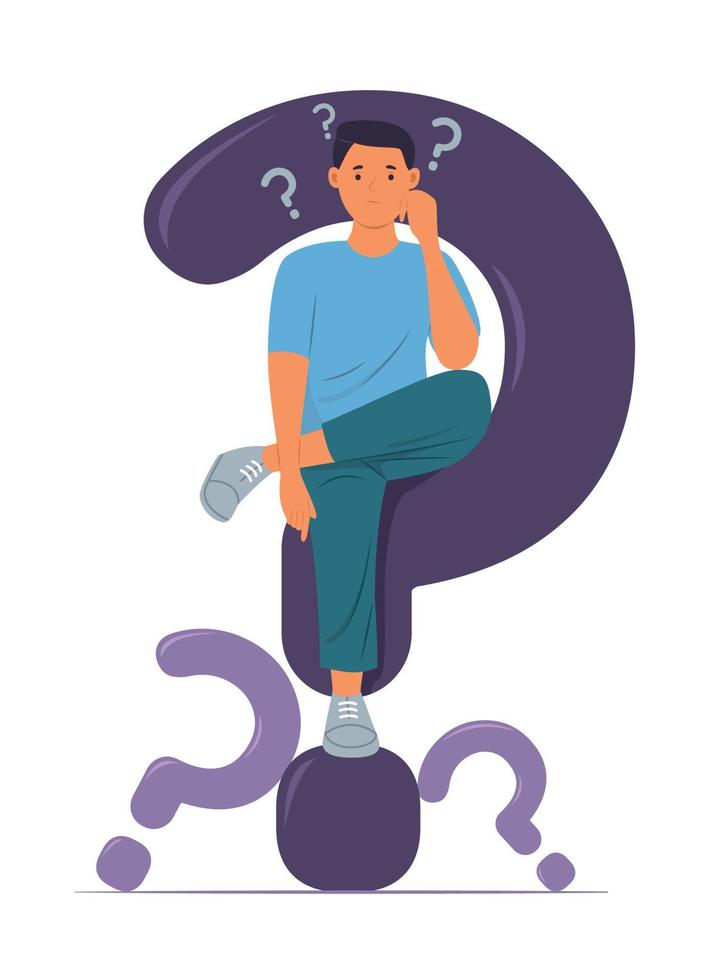 Man Thinking and Sitting on Big Question Mark Concept Illustration vector