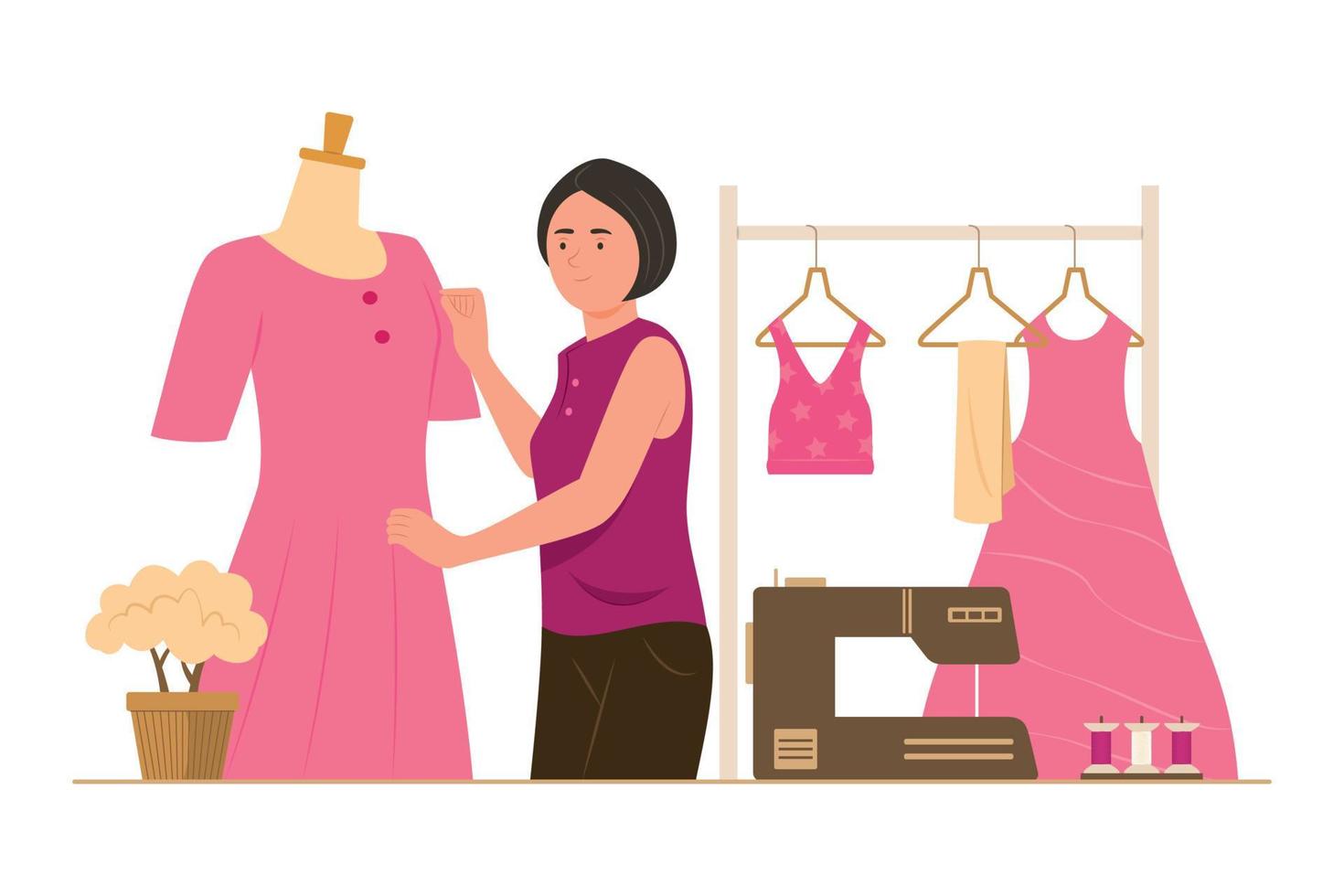 Dressmaker Woman Making Female Dress vector