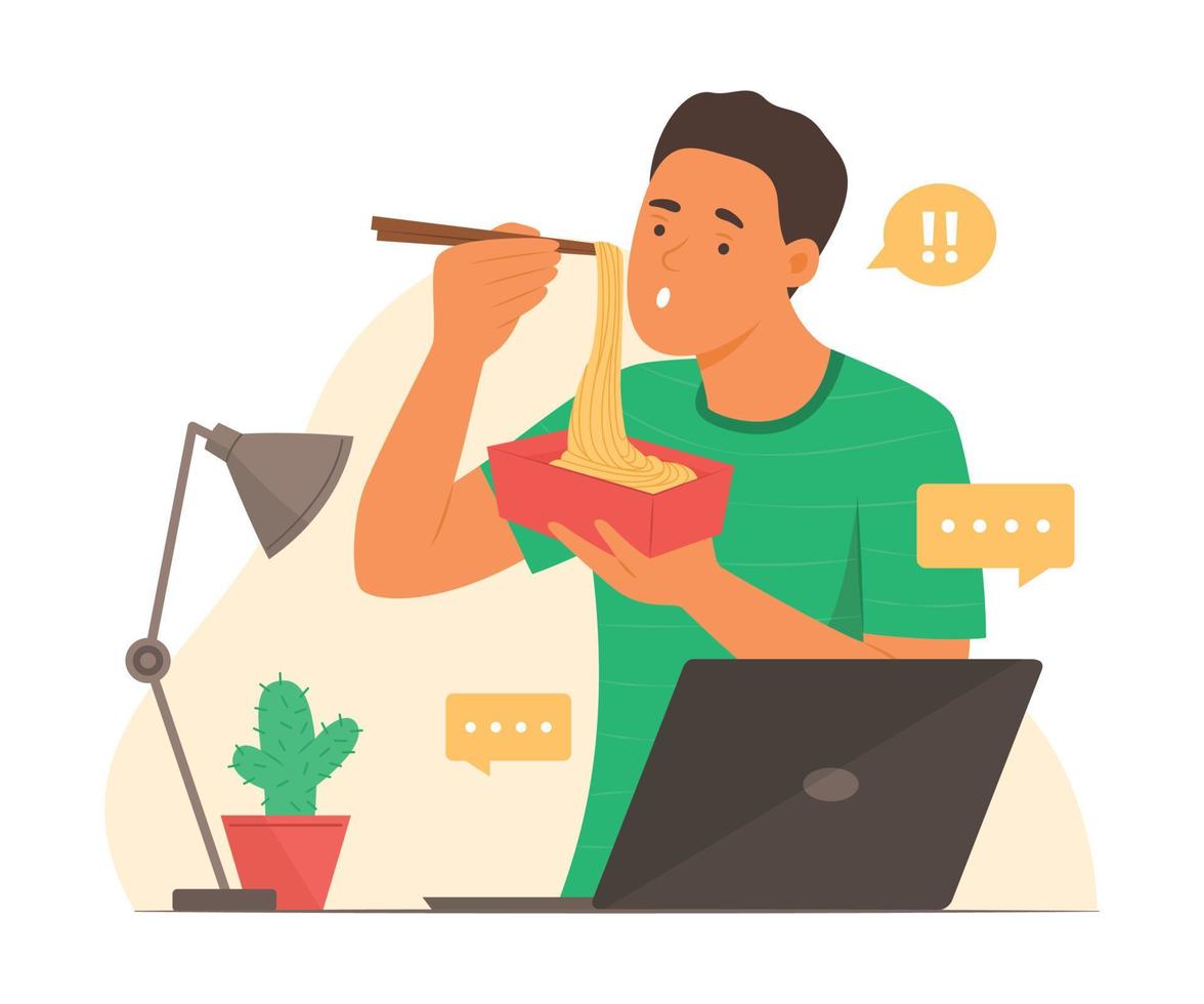 Man Eating Noodle and Online Working from Home vector
