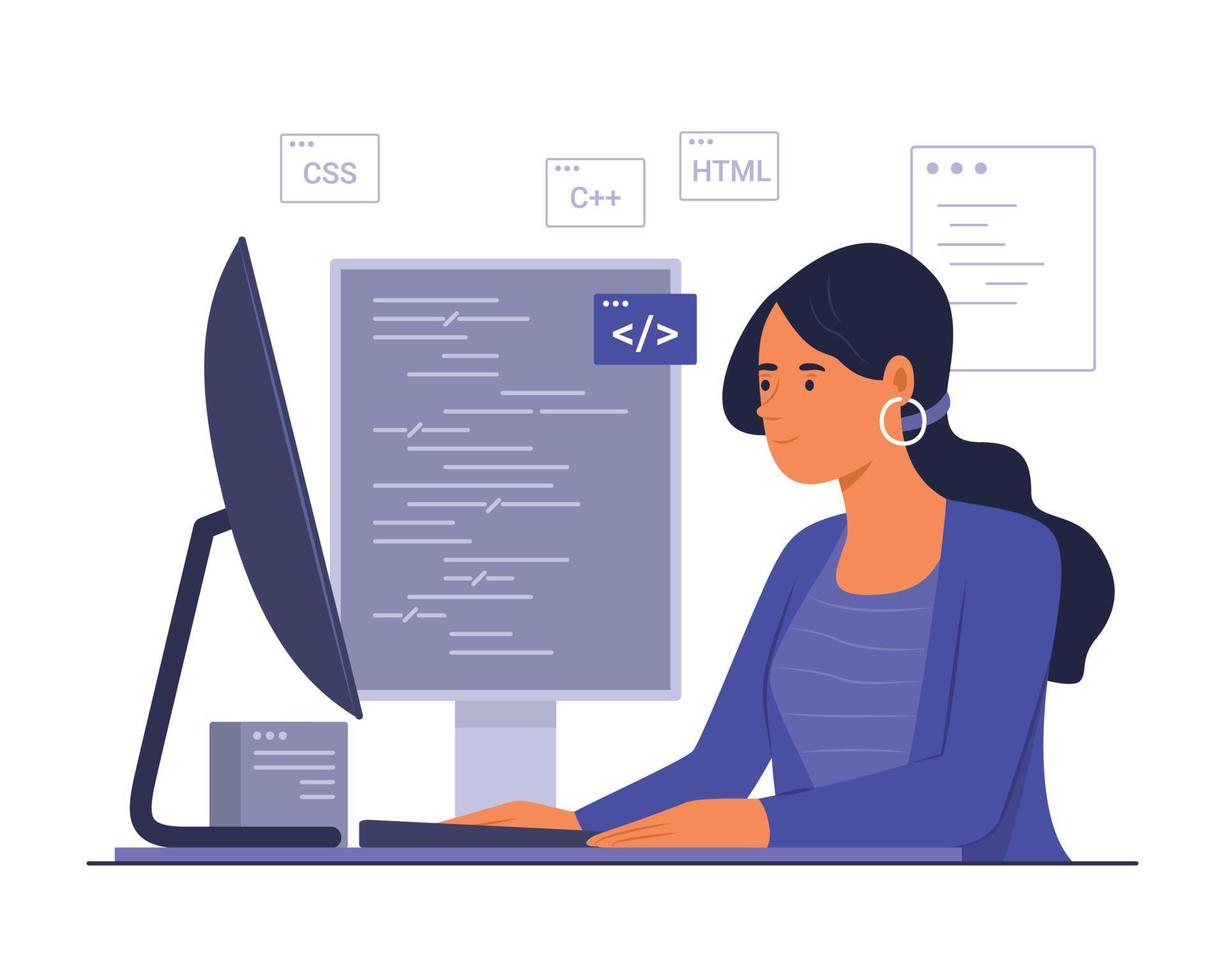 programador mujer proceso codificación para software desarrollo concepto ilustración vector