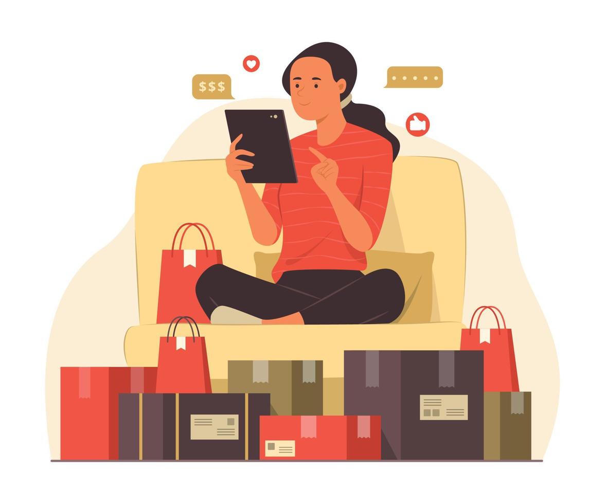 Woman Enjoy with Online Shopping on Tablet vector