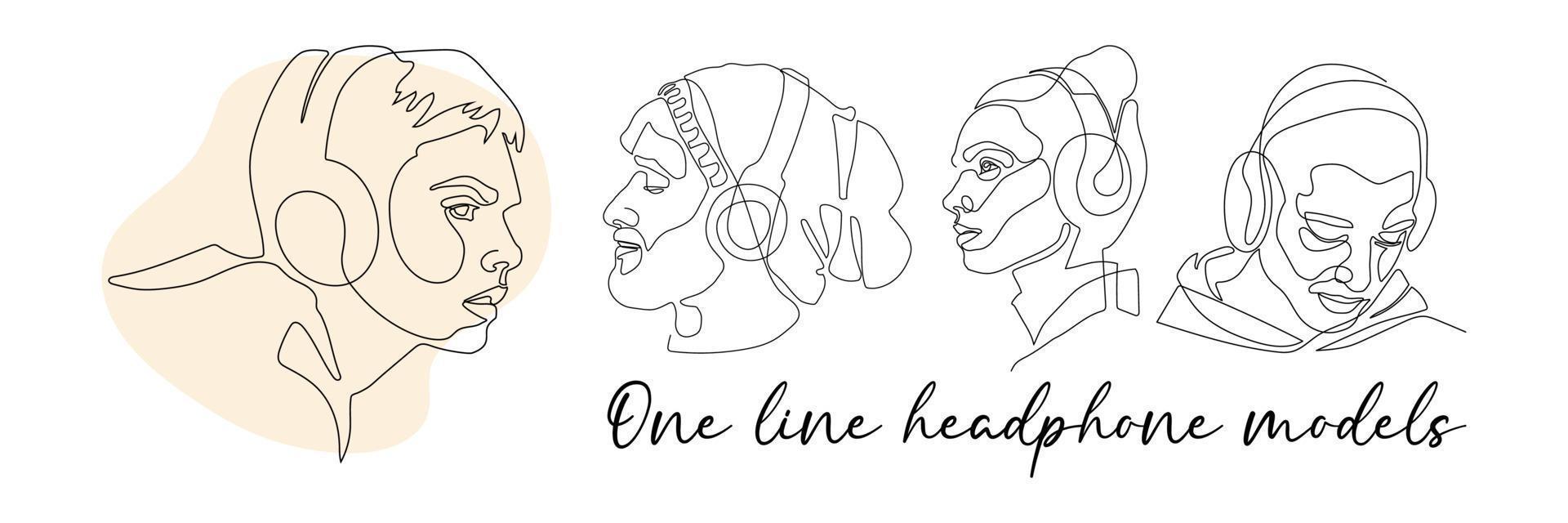 continuous single drawn one line. girl woman listens to music with headphones hand-drawn picture silhouette. Line art. Vector set for advertisement or banner and store.