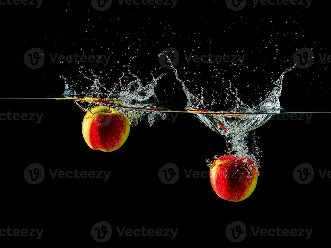 Two apples are splashing in the water and one is red. photo