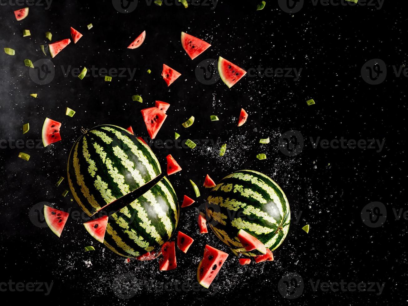 Watermelon slices are falling into a black background high speed photography closeup shot photo