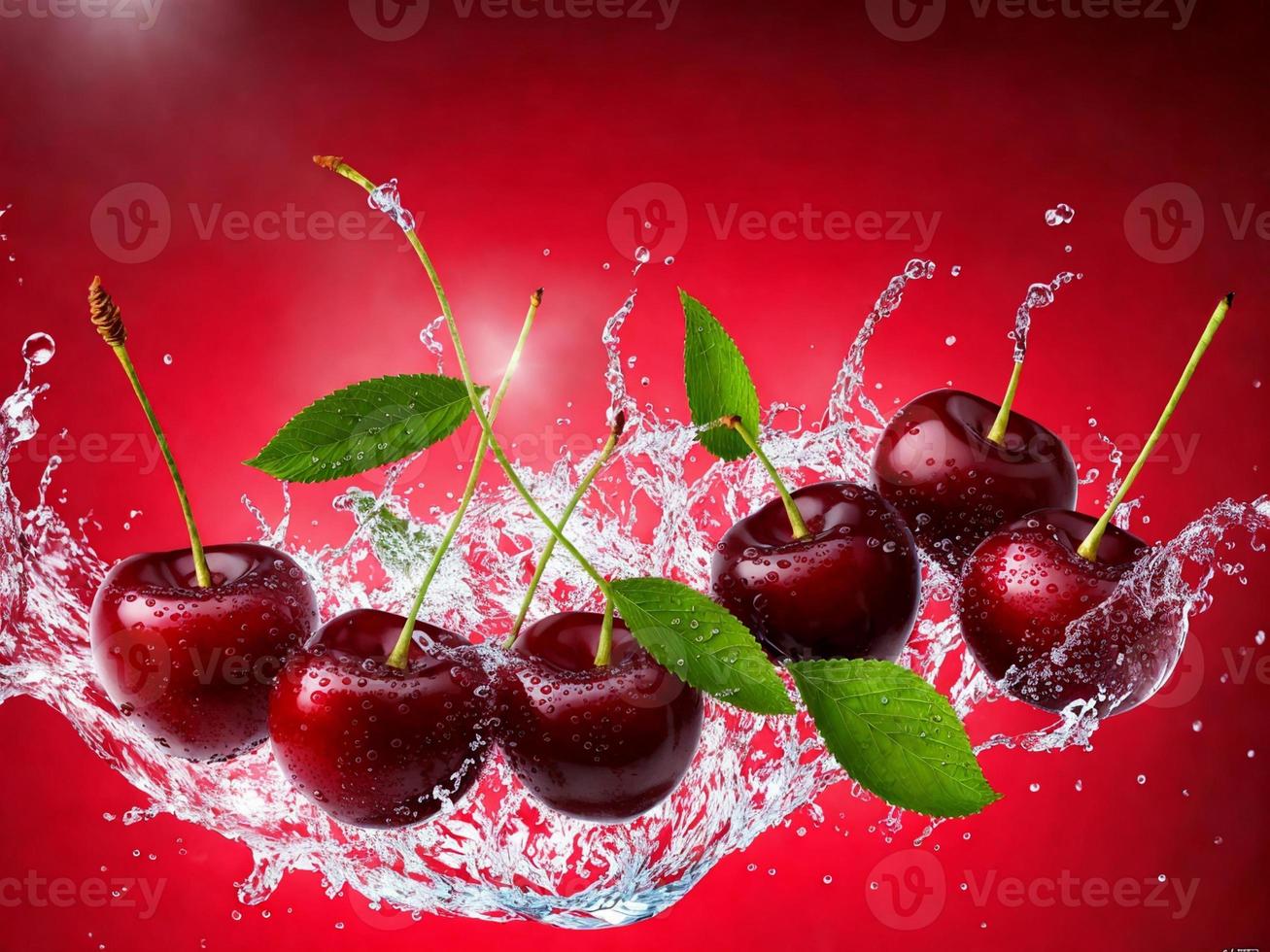 Illustration of cherries with a splash of water with a red background photo