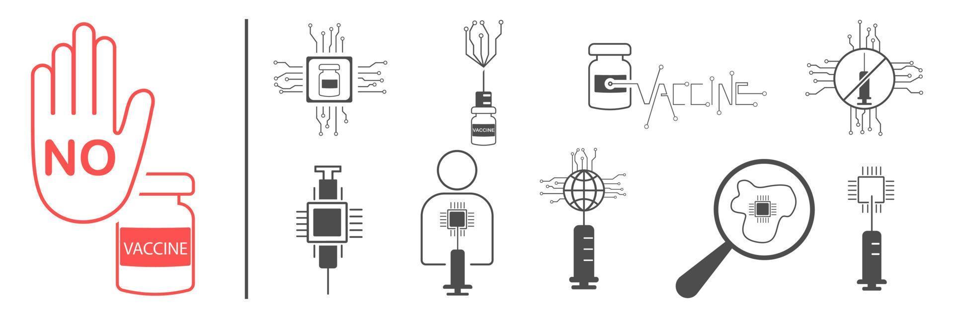 Vector icon set, covid-19 vaccine. end of coronavirus. Anti vaccine. Anti chip. 2021 world antivaccine.