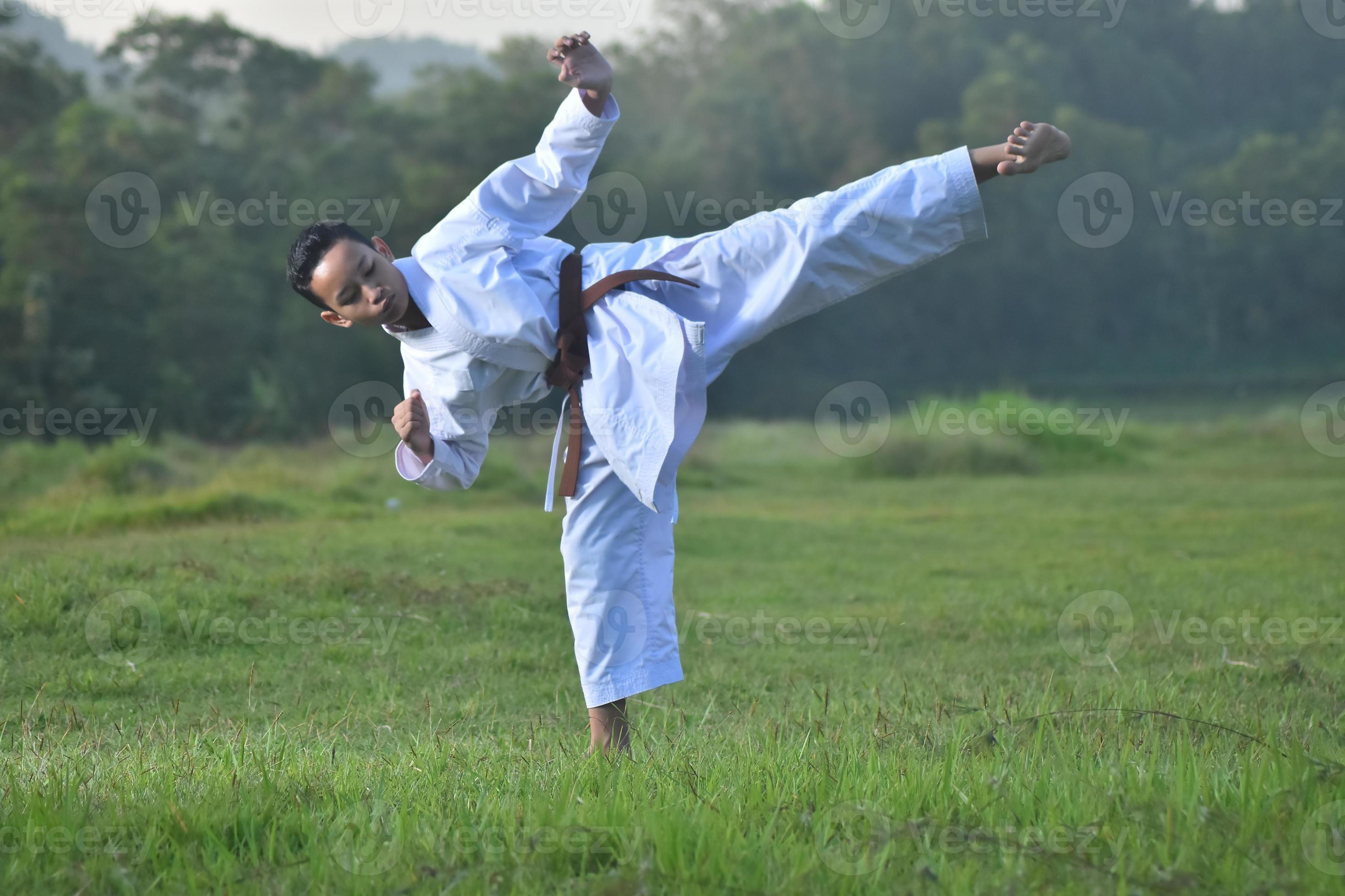 Photo of a male martial art person in kicking action pose. Photo of a karate guy doing a kick