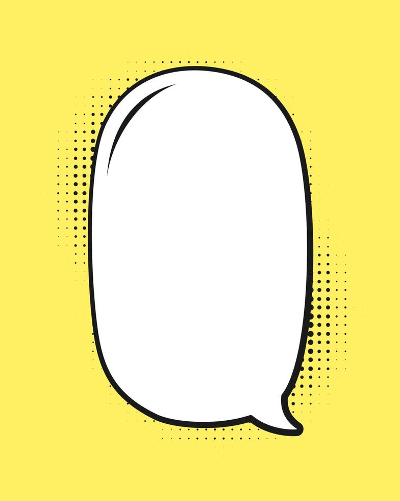 Retro blank comic speech bubble with black halftone shadows on yellow background. Vector illustration text frame border, vintage design, pop art style