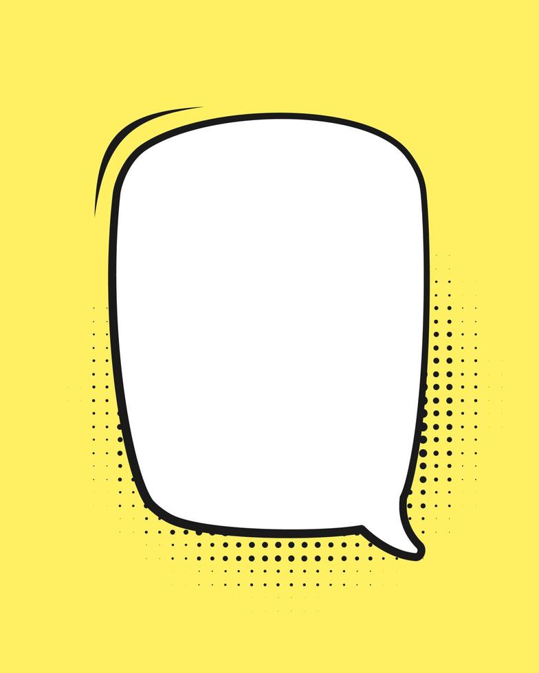 Retro blank comic speech bubble with black halftone shadows on yellow background. Vector illustration text frame border, vintage design, pop art style