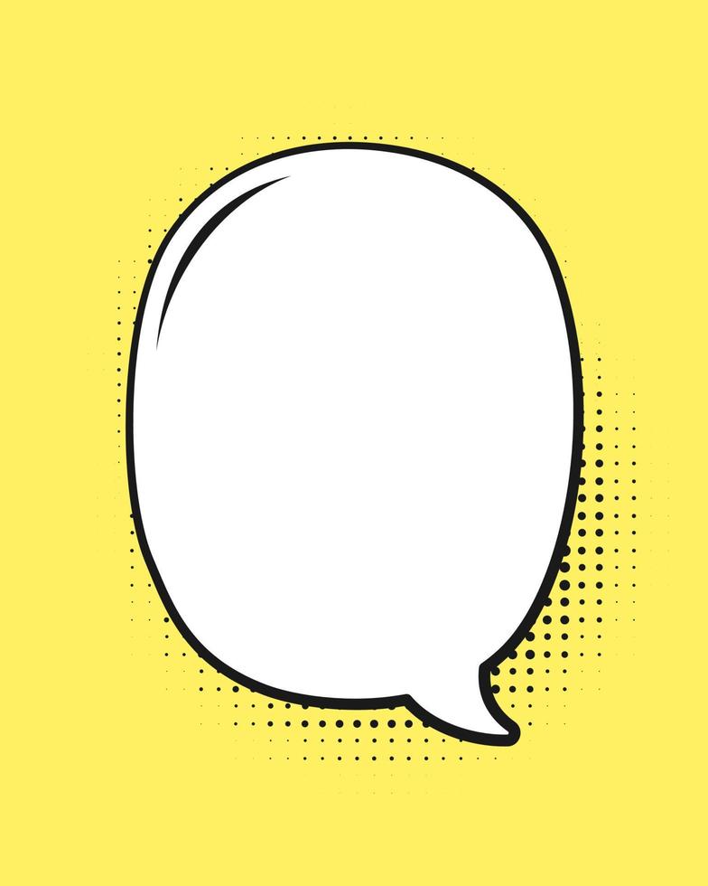 Retro blank comic speech bubble with black halftone shadows on yellow background. Vector illustration text frame border, vintage design, pop art style