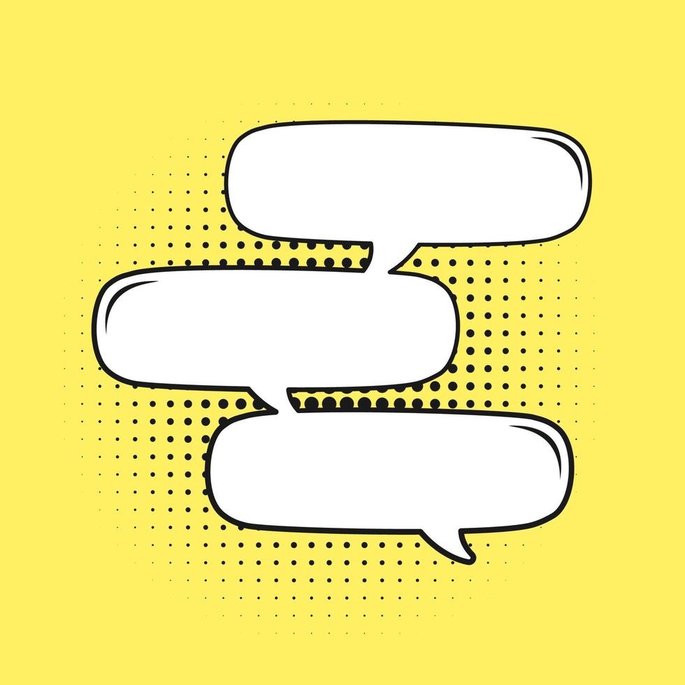 Retro blank comic speech bubble with black halftone shadows on yellow background. Multiple conversation dialogue template. Vector illustration text frame, vintage design, pop art style