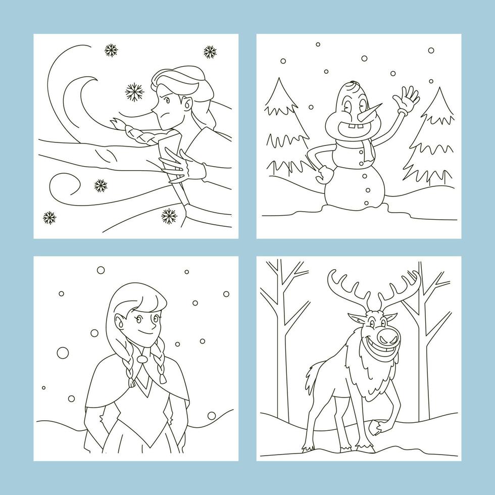 hermosa hielo dobladores princesa y amigos colorante paginas para niños libro vector