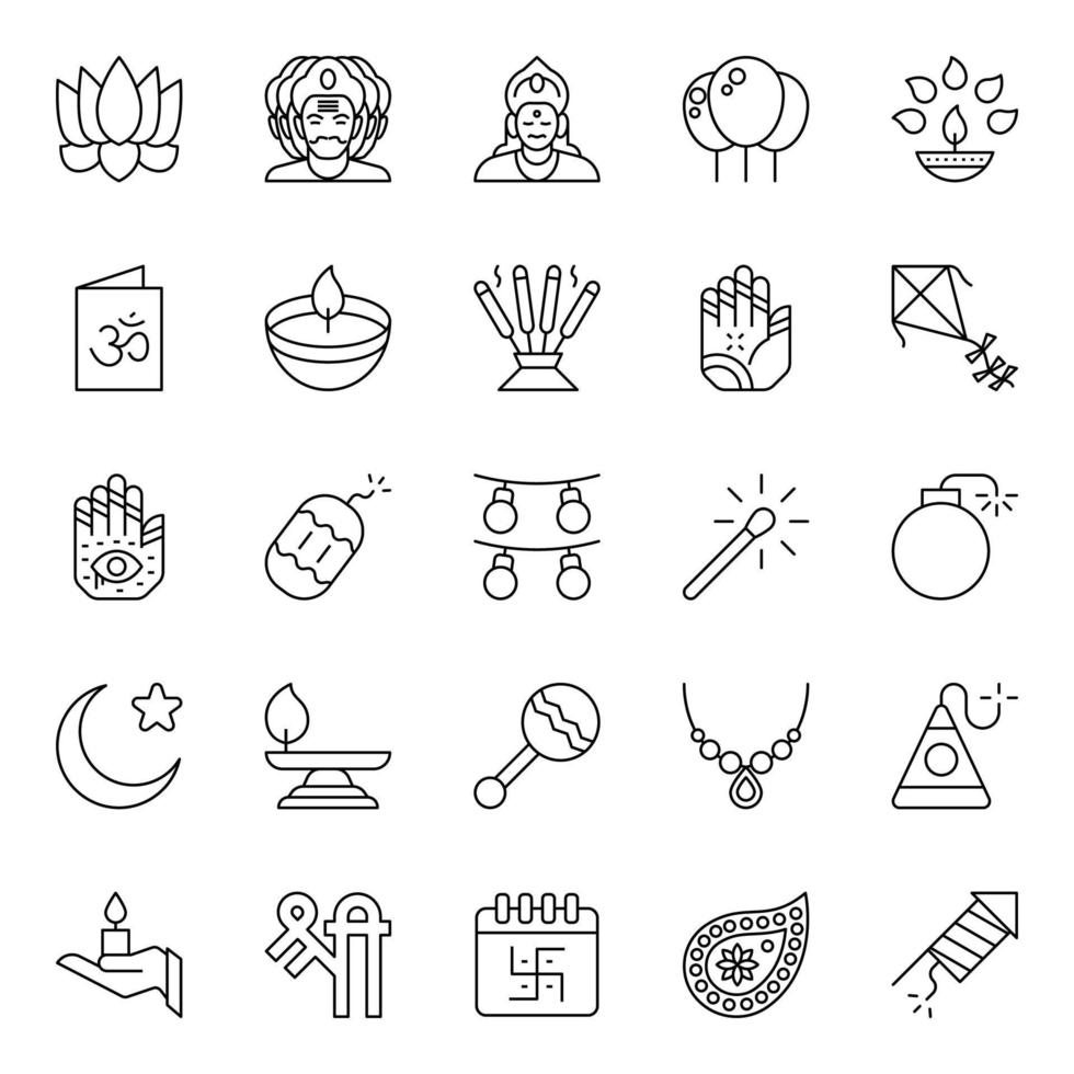 Outline icons for Happy diwali. vector