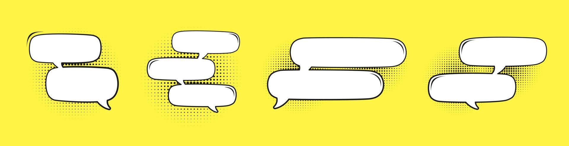 Retro blank comic speech bubble with black halftone shadows on yellow background. Multiple conversation dialogue template. Vector illustration text frame, vintage design, pop art style