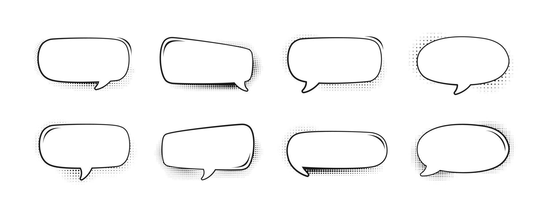 Retro blank comic speech bubbles set with black halftone shadows. Vector illustration, vintage design, pop art style