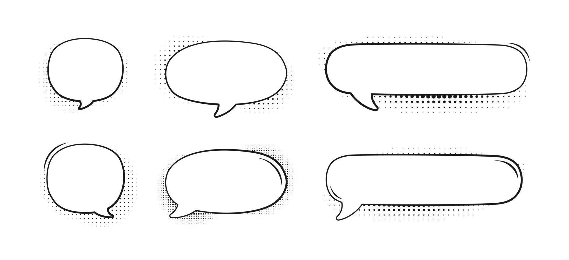 Retro blank comic speech bubbles set with black halftone shadows. Vector illustration, vintage design, pop art style