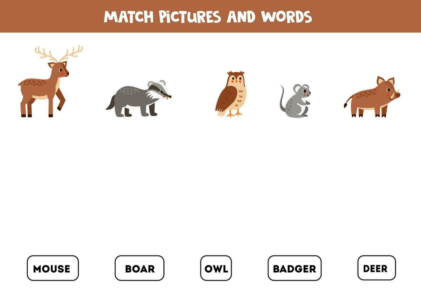 Matching game. Match cute woodland animals and words. vector
