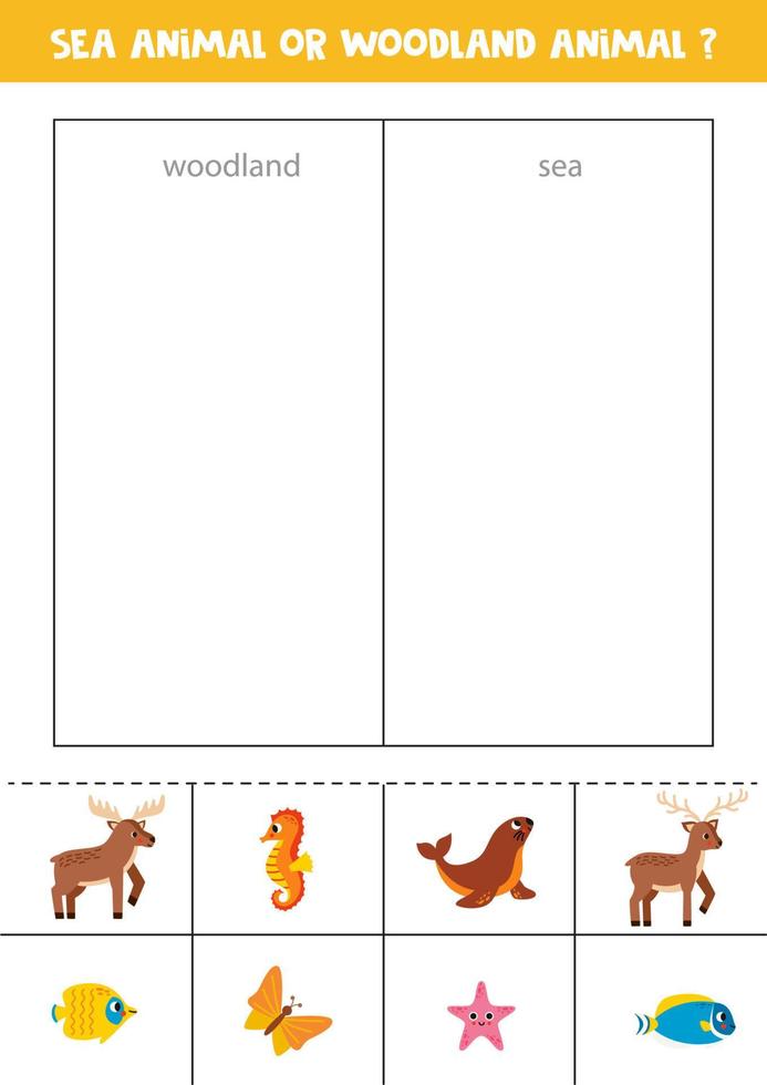 Sort cards into sea or woodland animals. Logical game for children. vector