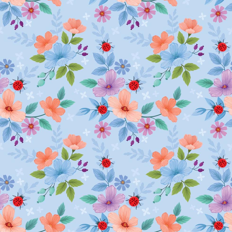 Cute beautiful flowers and ladybug on blue color background. vector