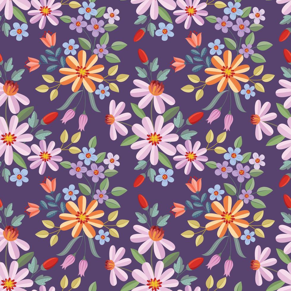 Beautiful blooming flowers design on purple color background. vector