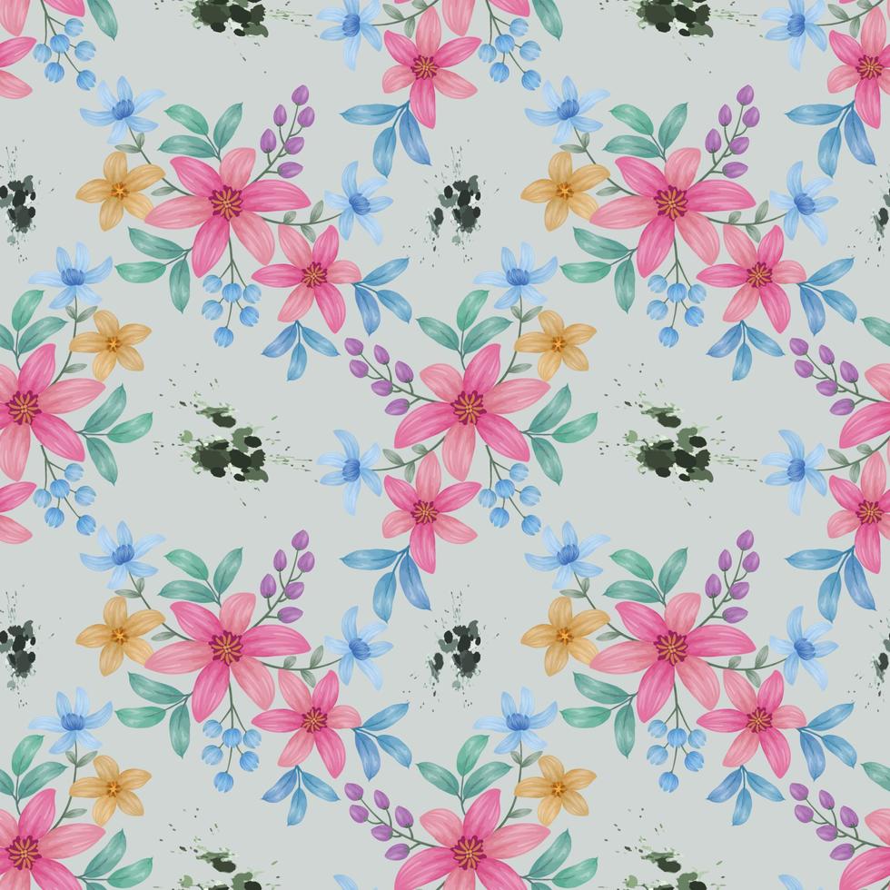 Cute blooming watercolor flowers with color splash seamless pattern. vector