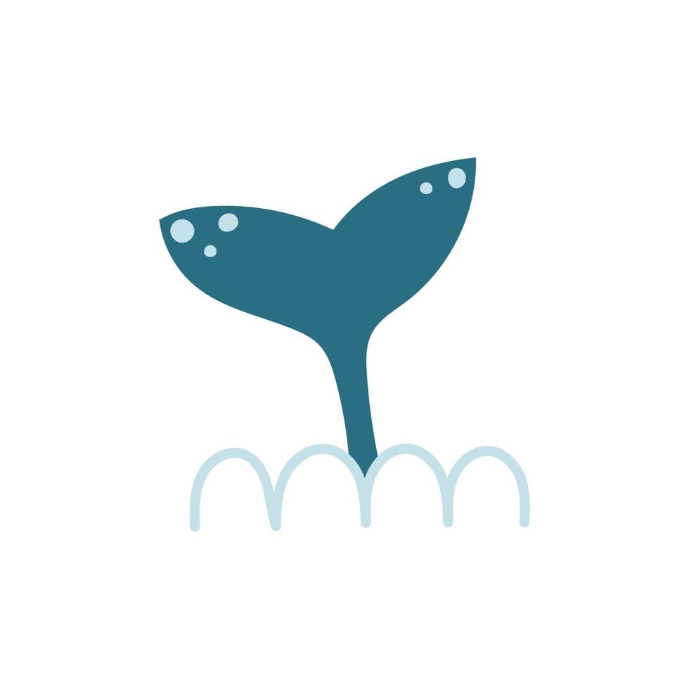 Blue whale tail with ocean waves. Cartoon vector illustration on white background.