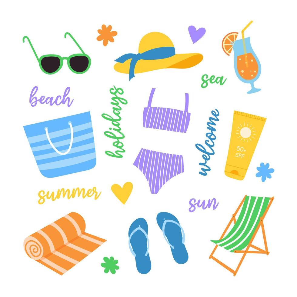 Summer beach set. Cartoon vector illustration.