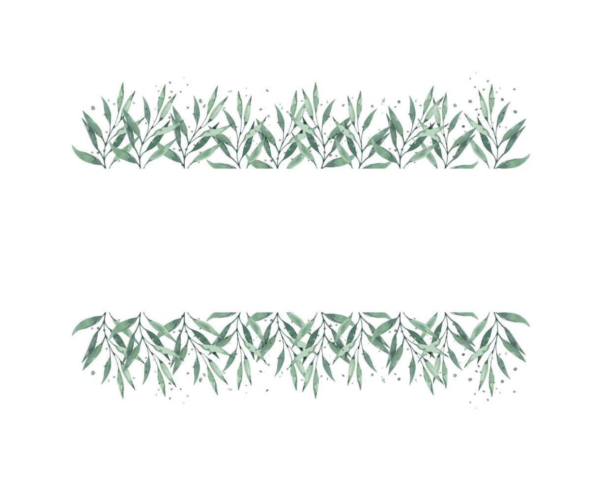 Watercolor composition with green leaves and twigs. Frame, border, wreath, banner with space for text. Wedding invite poster, greeting card. Isolated vector illustration on white background.