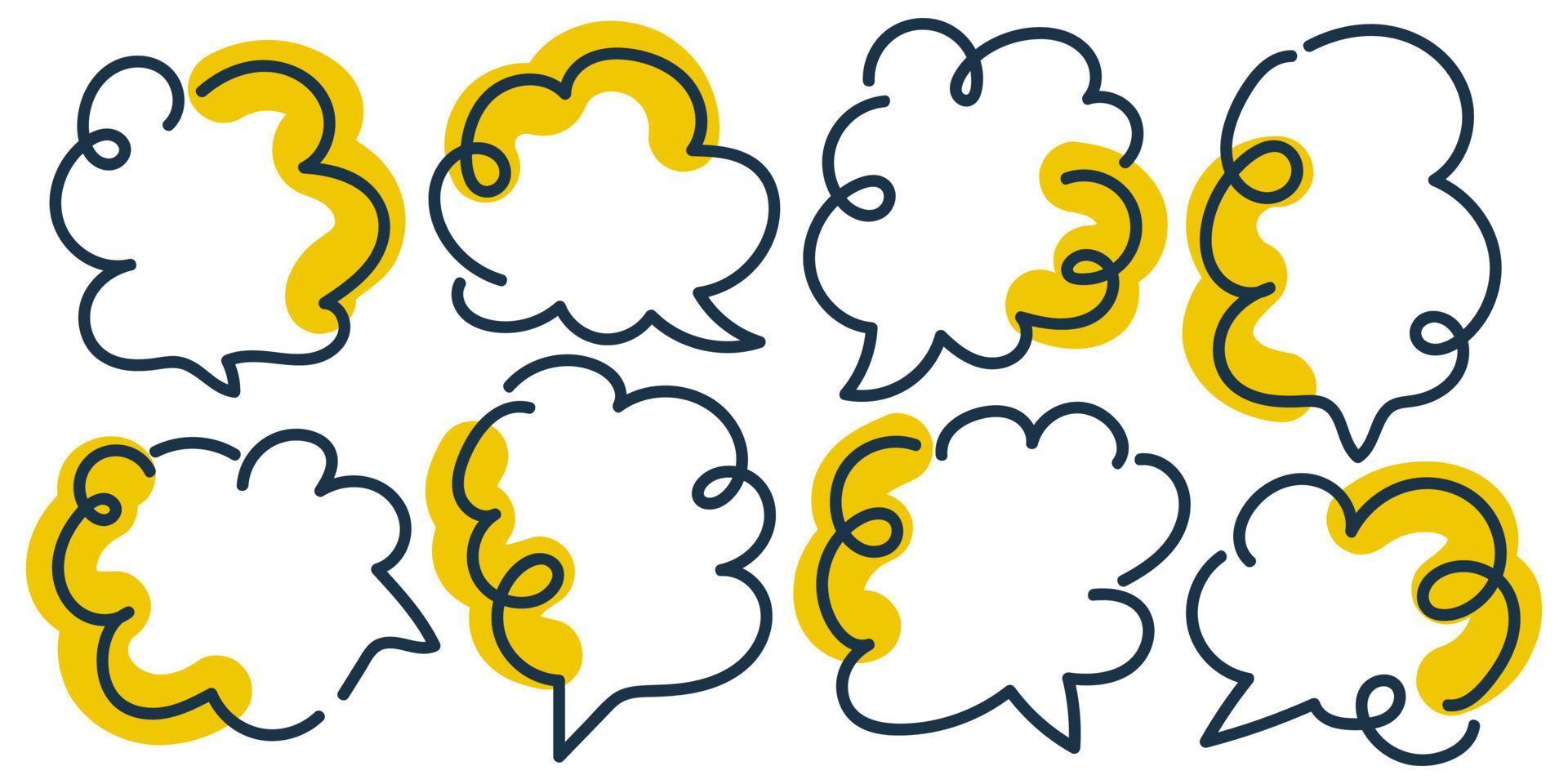 Set of Speech Bubbles in Hand Drawn Style with Yellow Liquid. Chat Icon with Comic Style vector