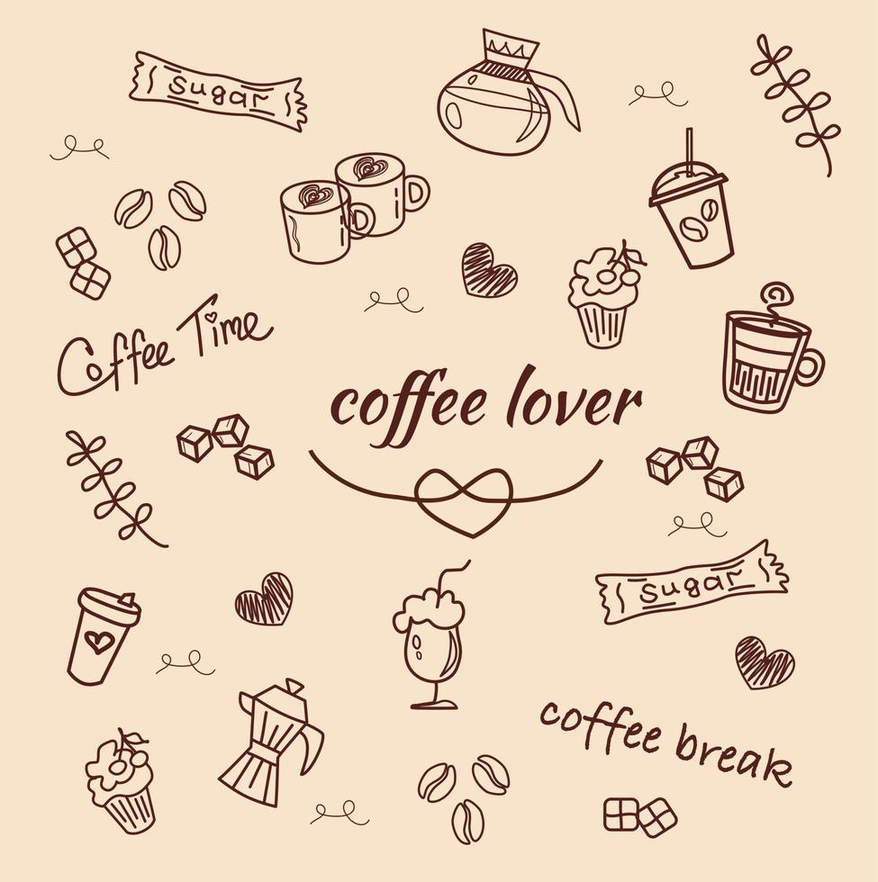 doodle hand-drawing coffee and food set.Drink vector design